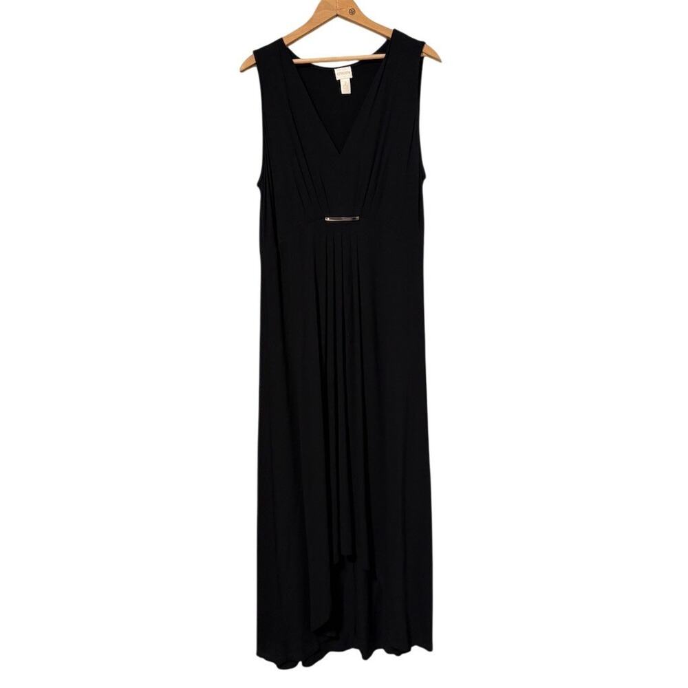 Chico's Maxi Dress Womens Size L Black Sleeveless V-Neck Pleated Metal Bar